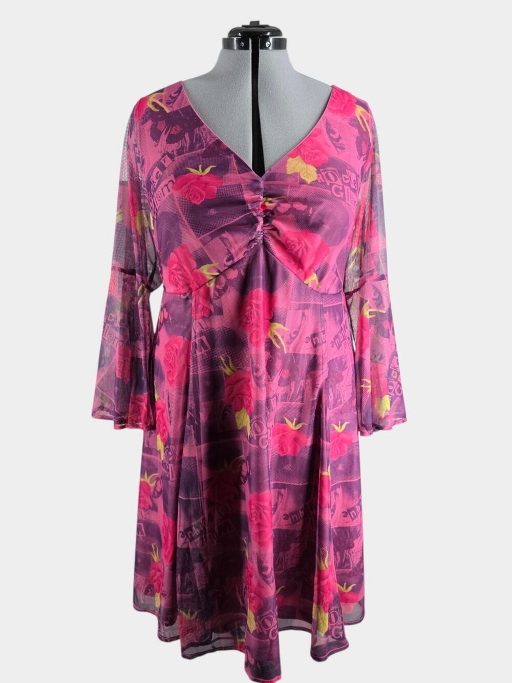 Torrid Betsey Johnson Dress Sz 3 Mesh Rocker Glam Roses Butterfly Bell Sleeve
